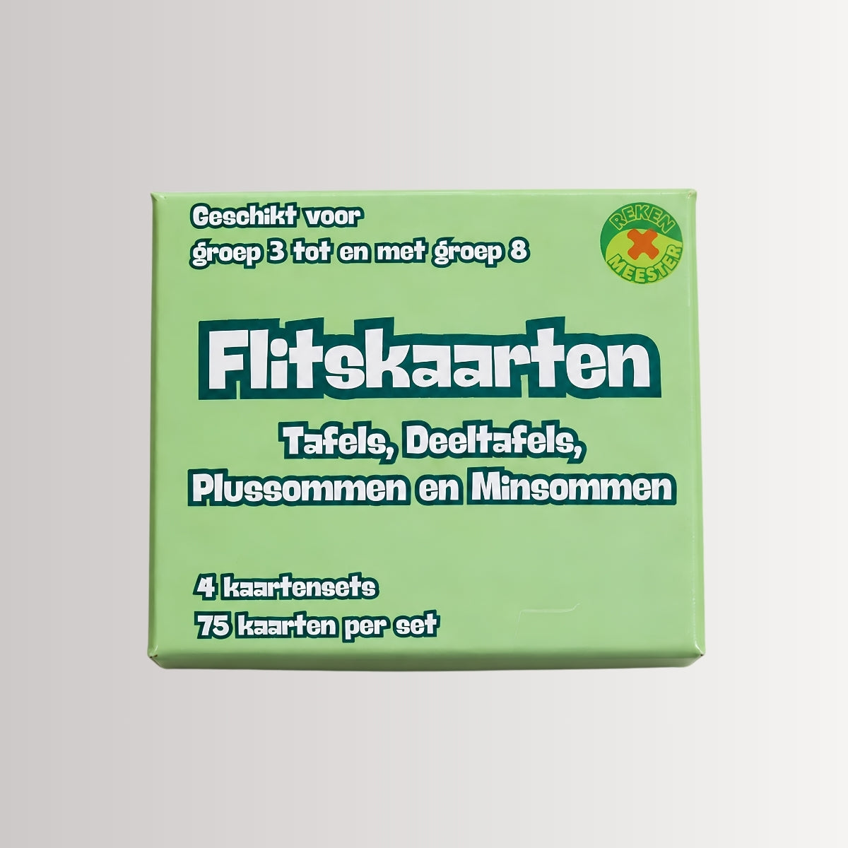 Bovenkant van de Flitskaarten doos: 4 kaartensets, 75 kaarten per set, groep 3 tot en met 8